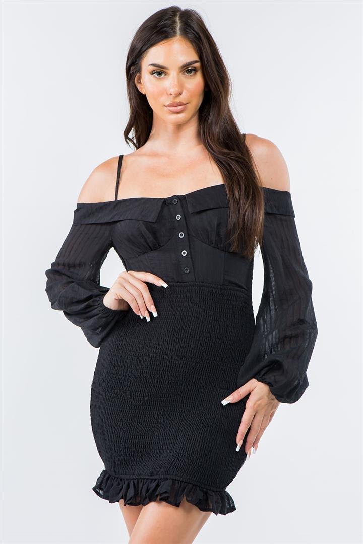 Black Shirred Bodycon Dress - Miicah