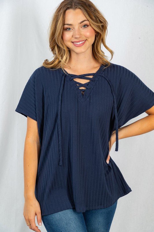 Navy Blue Lace Up Top - Miicah